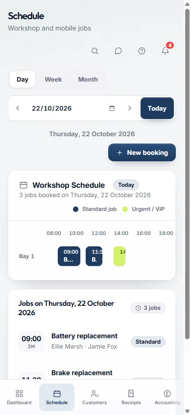 BusyMoss schedule on a phone showing today's bookings.