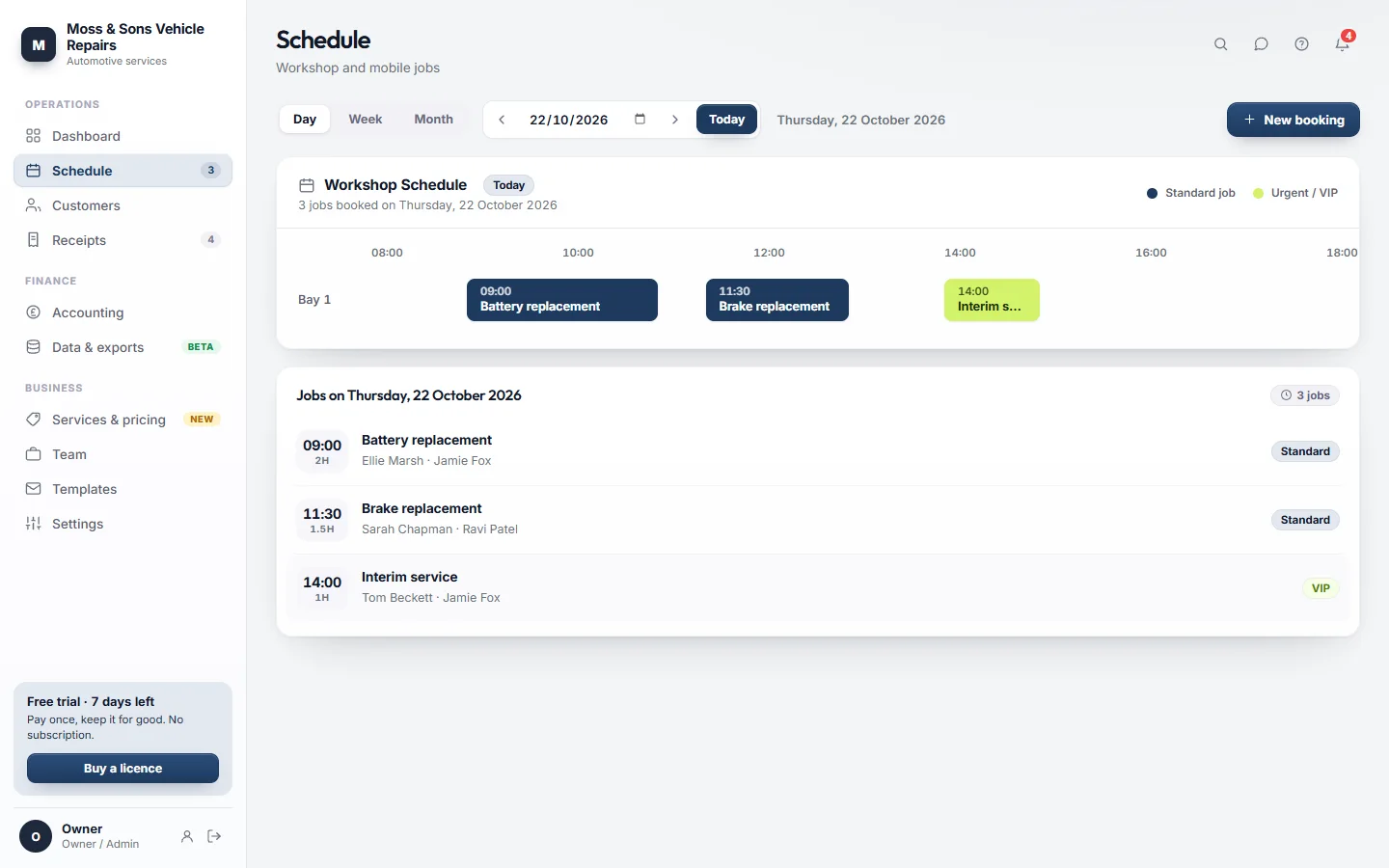BusyMoss schedule showing three jobs booked today in a workshop bay: a battery replacement, brake replacement and interim service.