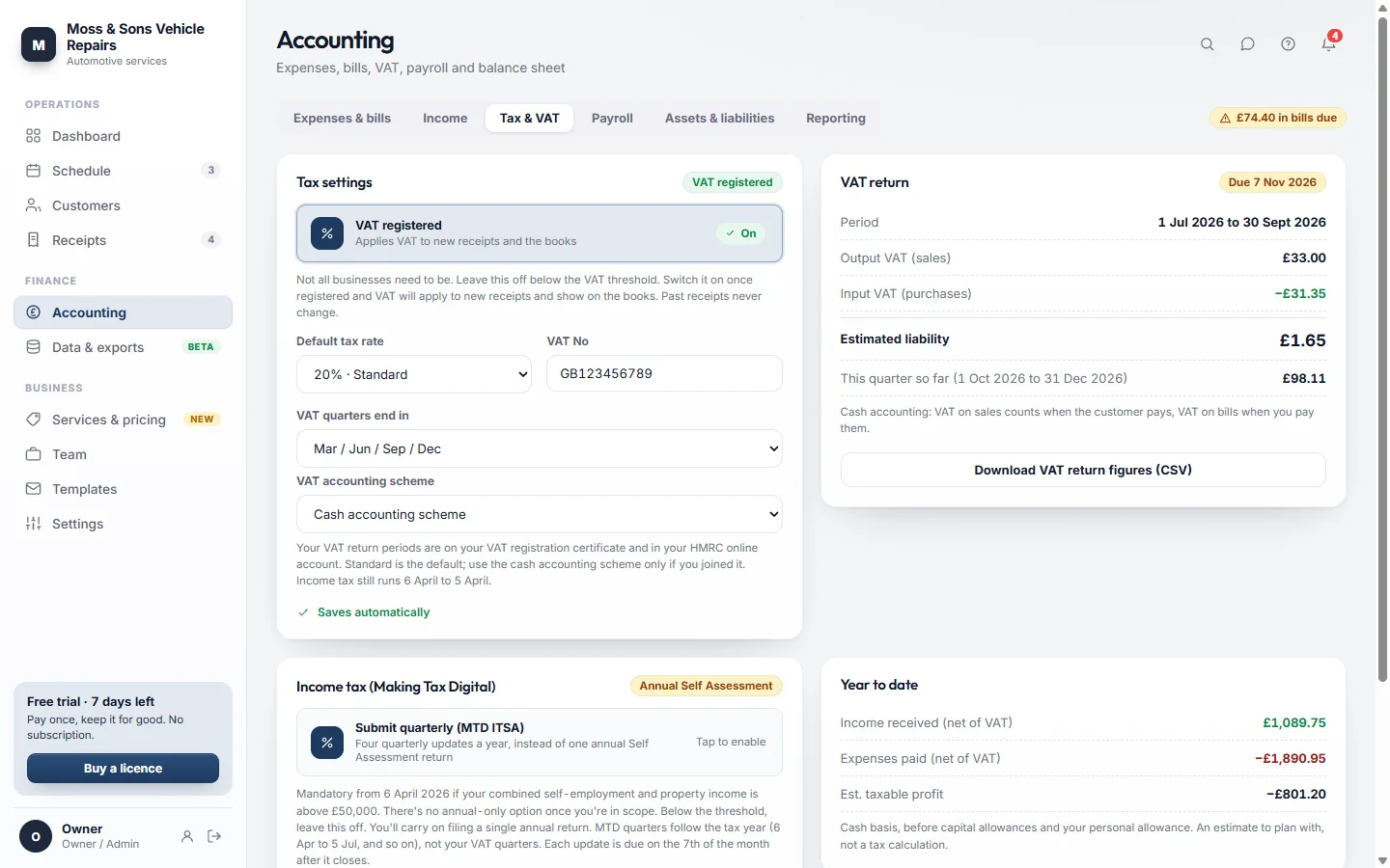 BusyMoss Tax and VAT screen: VAT registered on the cash accounting scheme, with the VAT return for the quarter showing output VAT, input VAT and the estimated amount due.